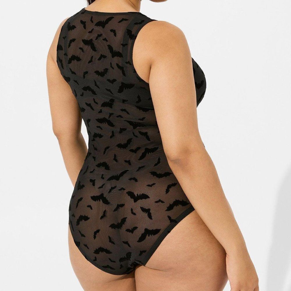 Torrid 2X Black Bat Velvet & Mesh V Neck Bodysuit - Picture 2 of 11